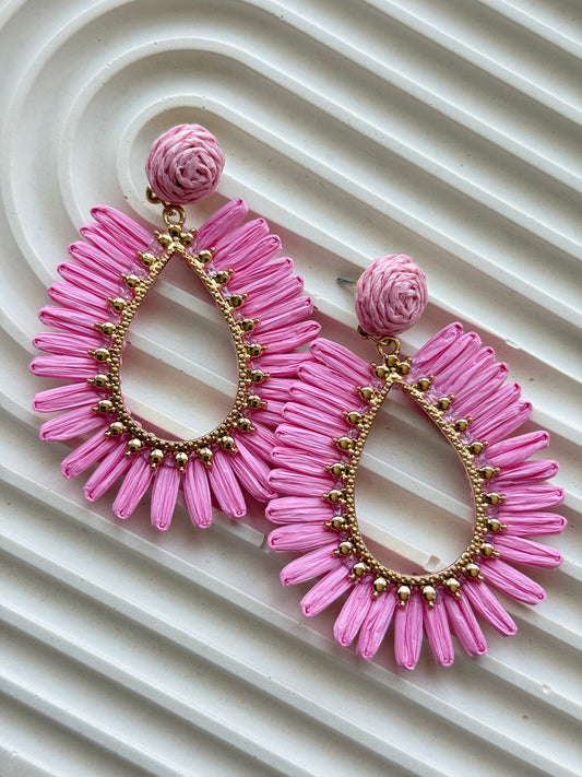 Raffia fülbevaló - rózsaszín boho