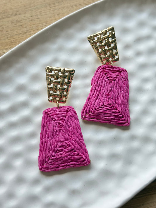 Raffia fülbevaló - pink trapéz