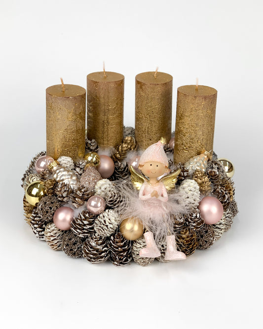 Rózsaszín angyalkás adventi koszorú