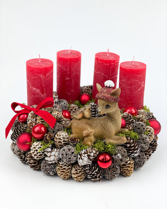 Őzikés adventi koszorú piros
